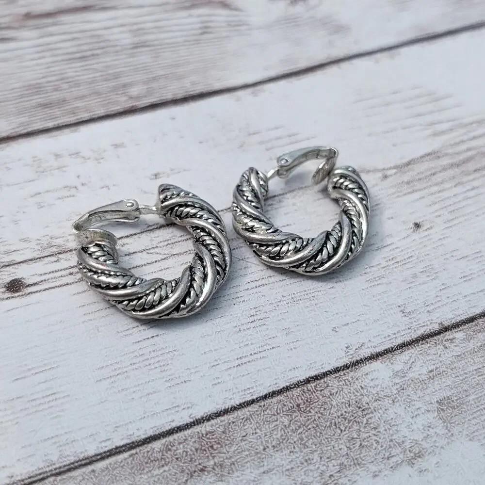Vintage Clip On Earrings Silver Tone Twisted Rope Style Hoops - Some Tarnish